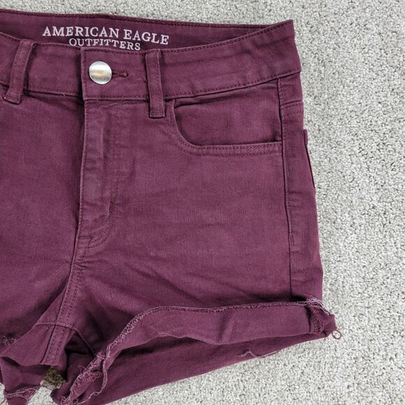 American Eagle Denim Cut Off Shorts Womens 8 Purple Red Stretch Hi Rise Raw Hem - Picture 16 of 16